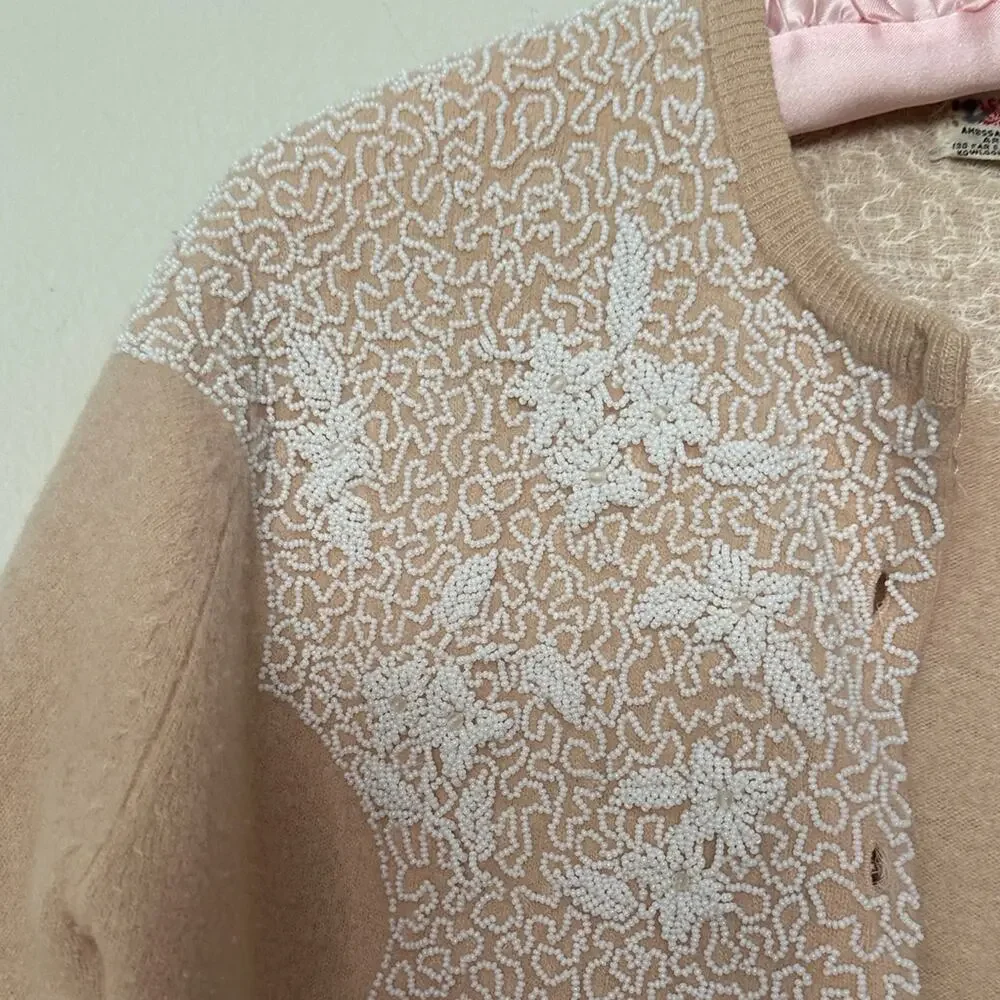 Vintage 50s 60s Chic Beige Women's Beaded Cardigan Pearl Button - Picture 5 of 8